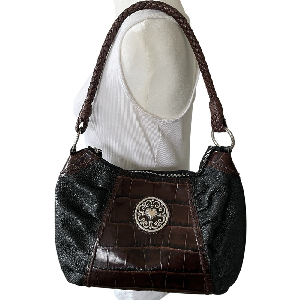 Brighton Shoulder Handbag Brown Embossed Mock Croc Pebbled Black Leather Retired